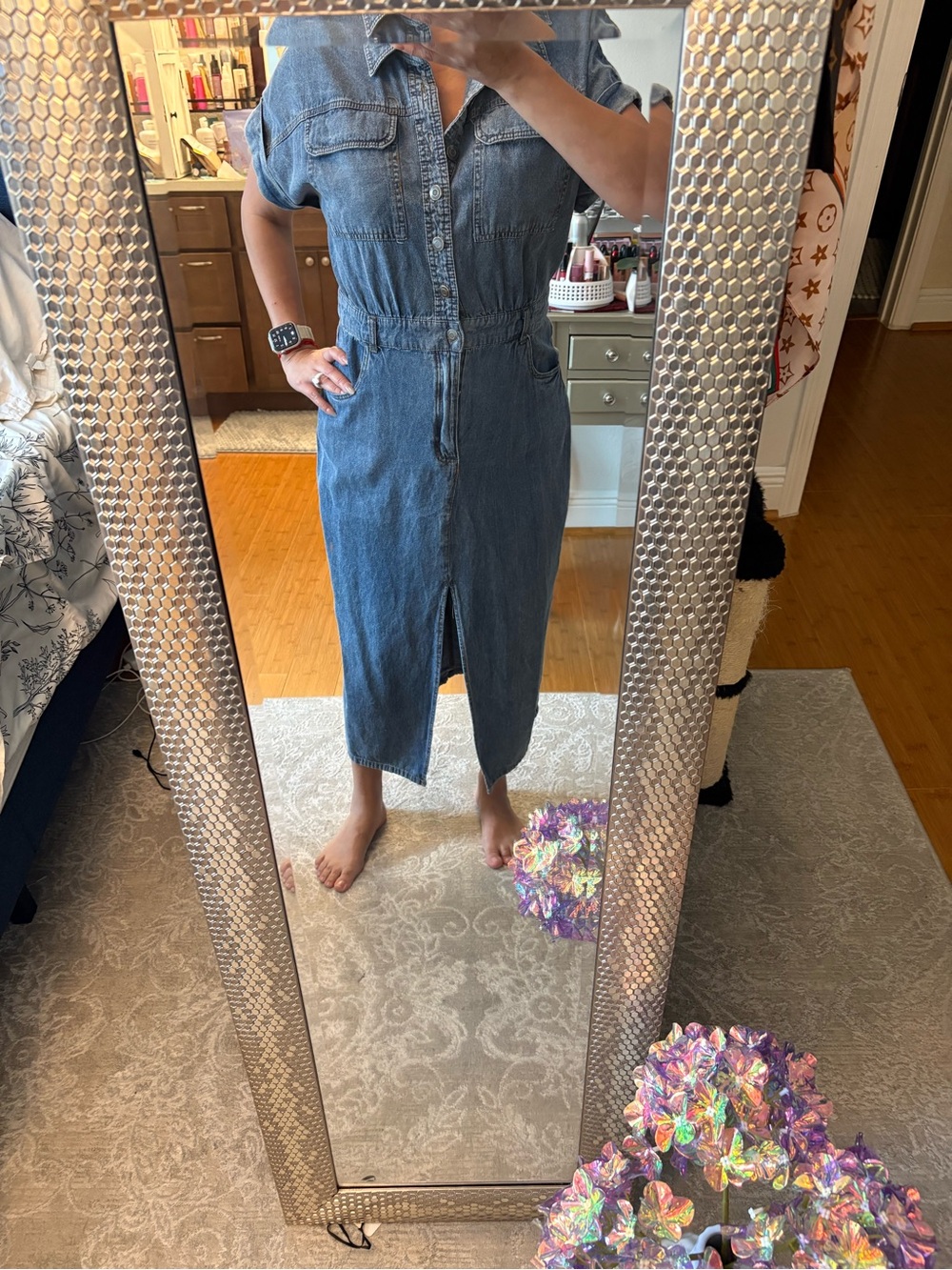 Denim Midi Shirt Dress in Blue